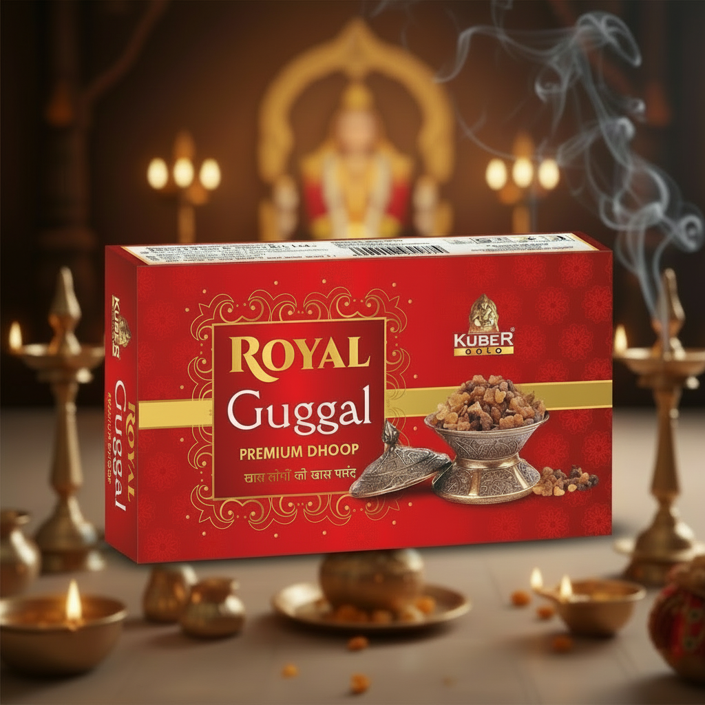 Red box of Royal Guggal Premium Dhoop with Kuber Gold logo on a white background