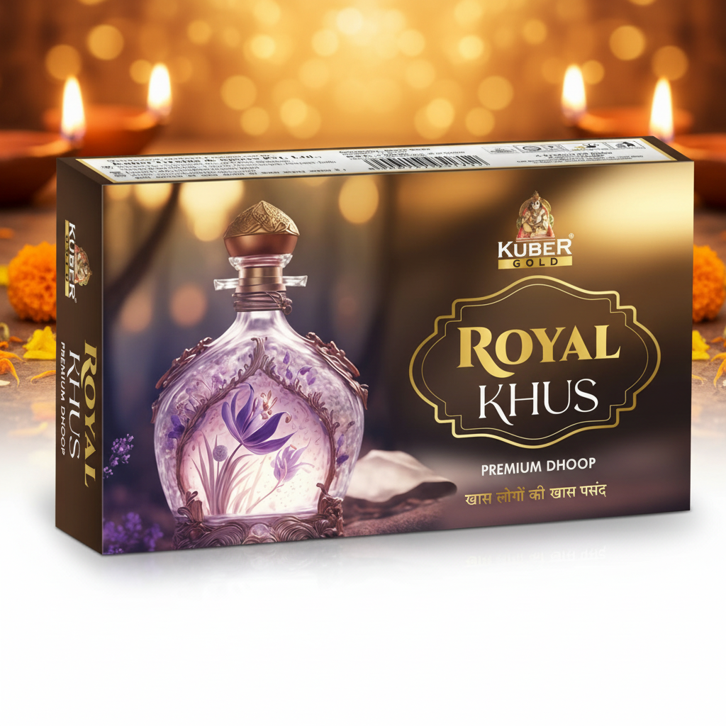 Kuber Gold Royal Khus Premium Dhoop packaging with a decorative bottle illustration.