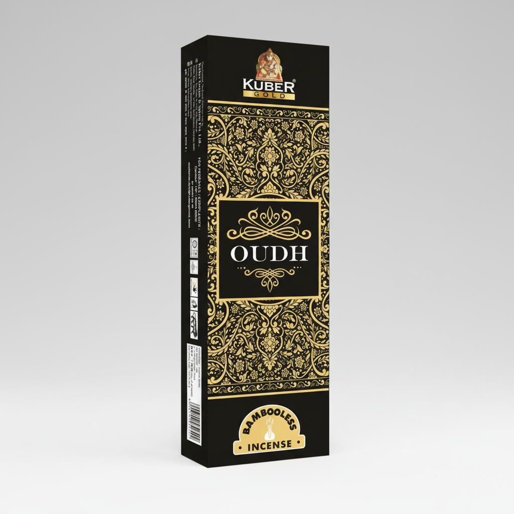 Kuber Gold Oudh incense packaging with gold and black design