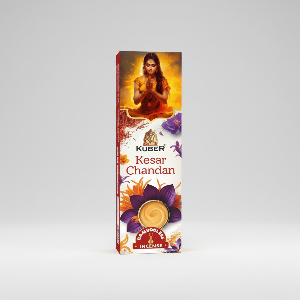 Kuber Kesar Chandan incense packaging with a woman in a meditative pose on a white background