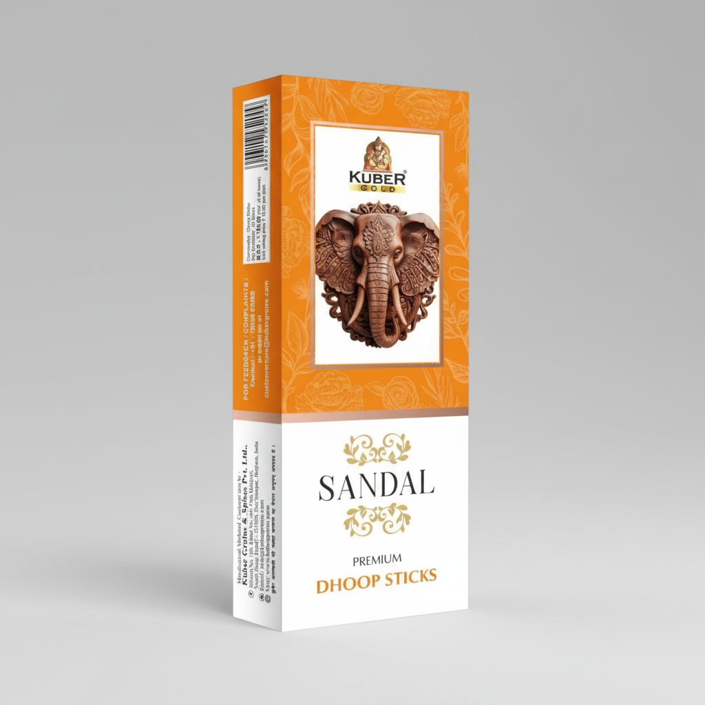 Kuber Industries Sandal Premium Dhoop Sticks packaging with an elephant design on an orange background.