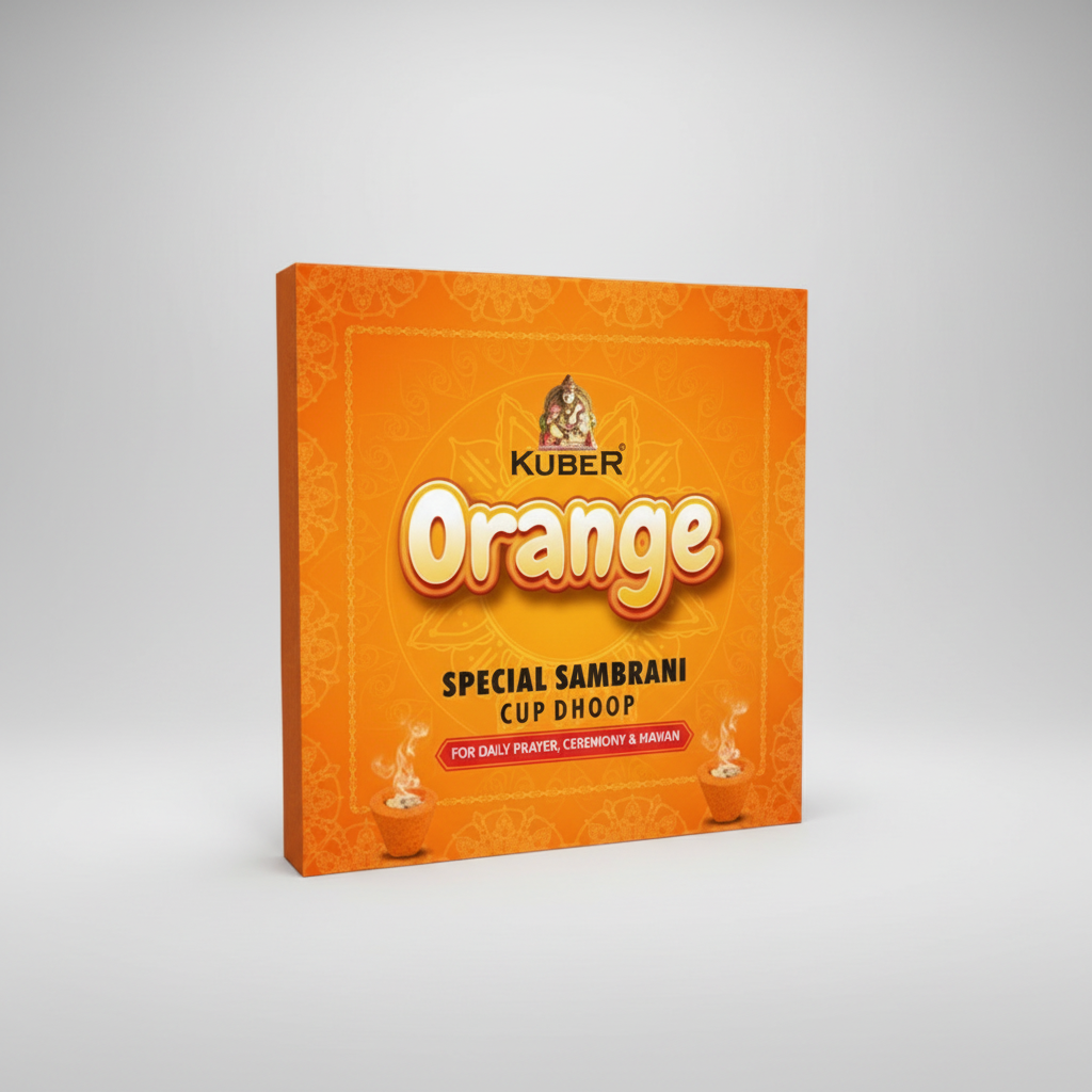 Orange packaging of Kuber Special Sambrani Cup Dhoop on a white background