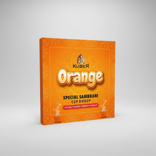 Orange packaging of Kuber Special Sambrani Cup Dhoop on a white background