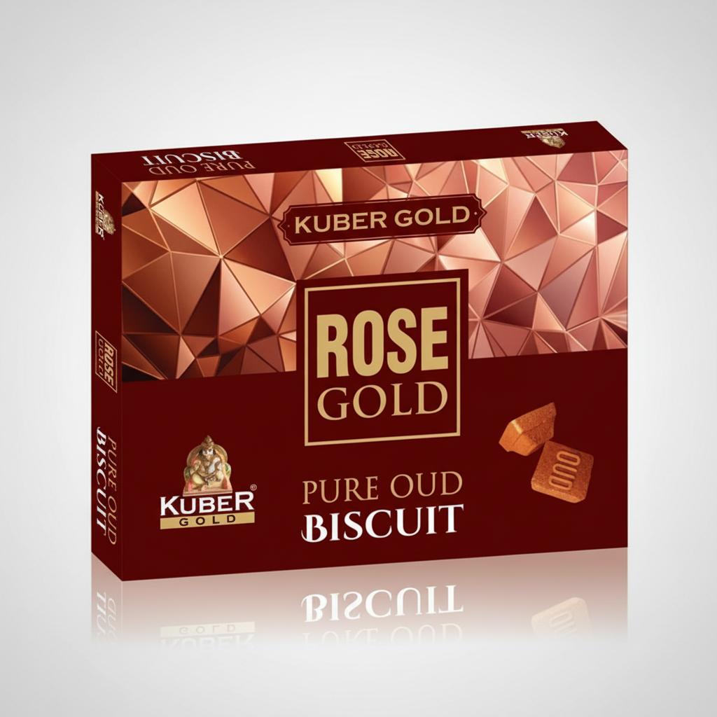 Kuber Gold Rose Gold Pure Oud Biscuit packaging on a white background